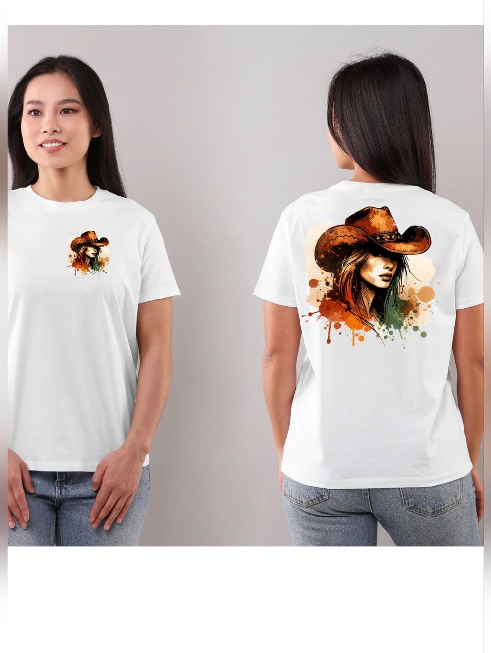Watercolor Cowgirl Graphic Tee - Front & Back Design Size M L